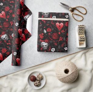 Gothic Red Hearts and Roses Wrapping Paper