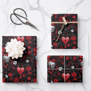 Gothic Red Hearts and Roses Wrapping Paper Sheets