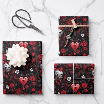 Gothic Red Hearts and Roses  Wrapping Paper Sheets