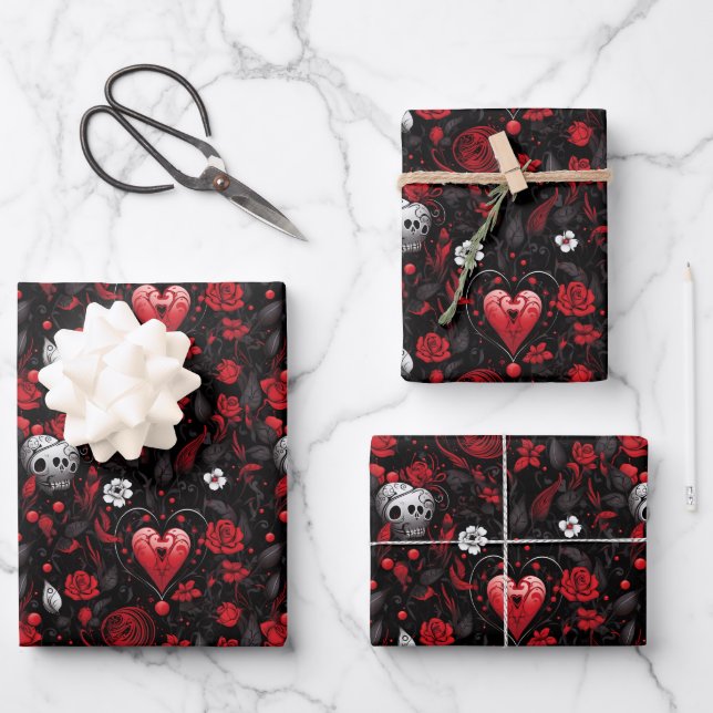 Gothic Red Hearts and Roses  Wrapping Paper Sheets (Front)