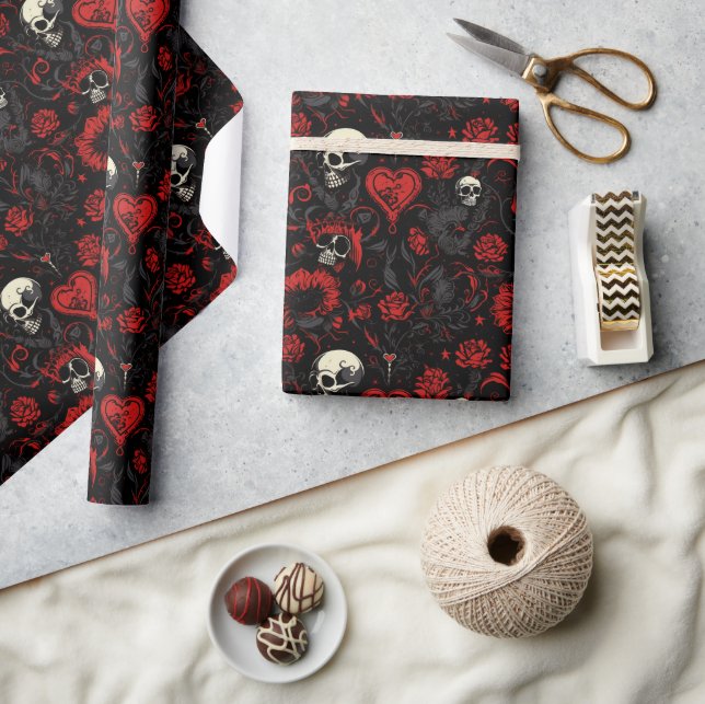 Gothic Red Hearts and Skulls Wrapping Paper (Crafts)