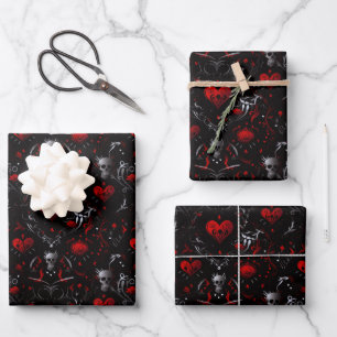 Gothic Red Hearts Black Flowers and Gray Skulls Wrapping Paper Sheets