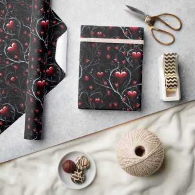 Gothic Red Hearts Gray Metal Fine Lines Wrapping Paper