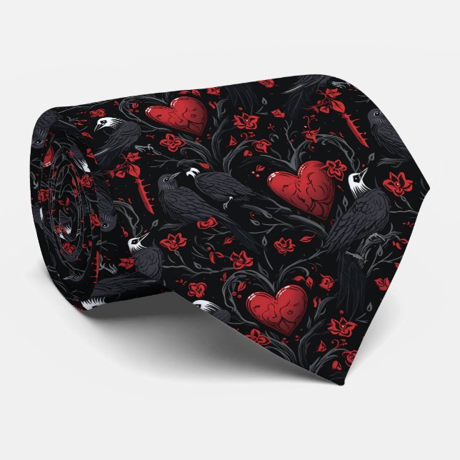 Gothic Red Hearts Red Flowers and Crows Neck Tie (Rolled)
