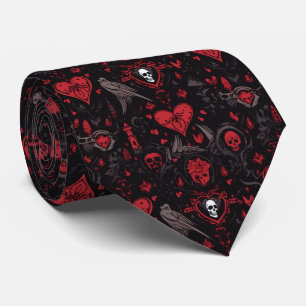 Gothic Red Hearts, Skulls and Crows Neck Tie