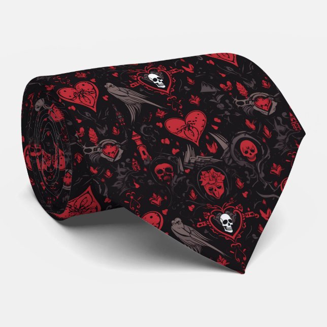Gothic Red Hearts, Skulls and Crows Neck Tie (Rolled)