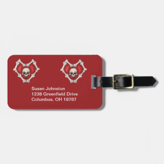 Gothic Red Heats Outlined in Bones White Skulls Luggage Tag