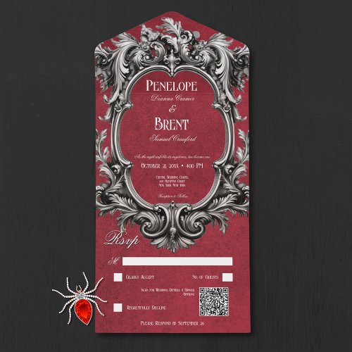 Gothic Red Moody Victorian Frame QR Code All In One Invitation