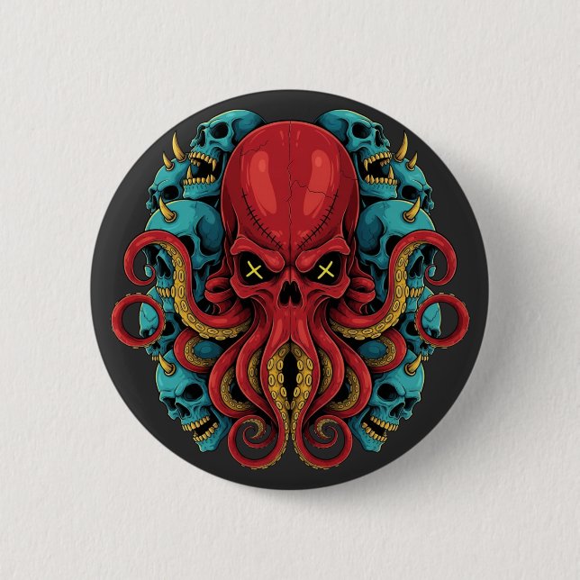 Gothic Red Octopus Blue Skulls Button (Front)