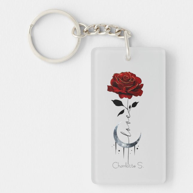 Gothic Red Rose and Crescent Moon with Love Keychain (Front)