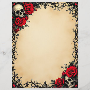 Gothic Red Rose and Skulls Stationery Paper