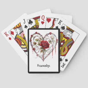 Gothic Red Rose Heart with Vine Accent Personalize Poker Cards