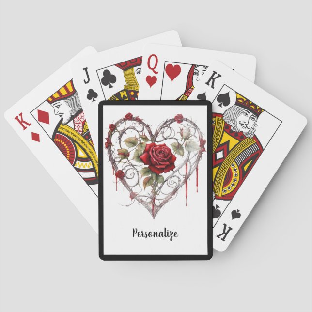 Gothic Red Rose Heart with Vine Accent Personalize Poker Cards (Back)