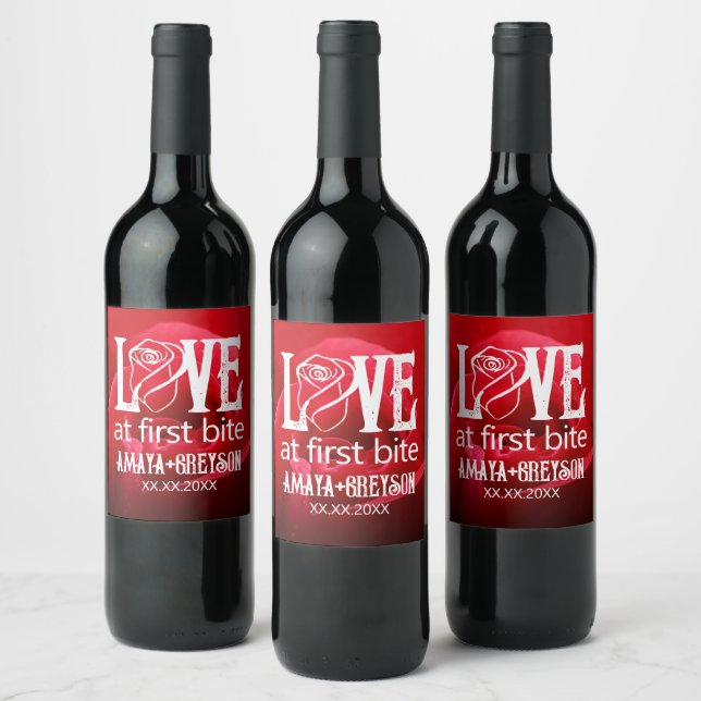 Gothic Red Rose Love at First Bite Wedding Wine Label (Bottles)