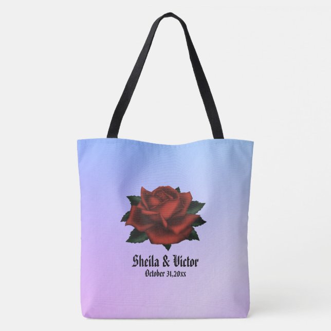 Gothic Red Rose Name and Date Purple Wedding Tote Bag (Back)