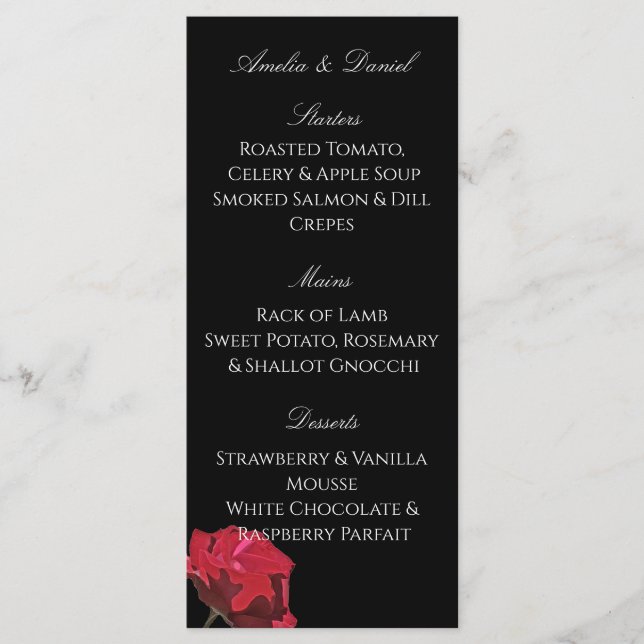 Gothic Red Rose on Black Wedding Menu (Front)