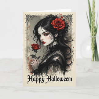 Gothic Red Rose Vampire Woman Halloween Elegant  Card