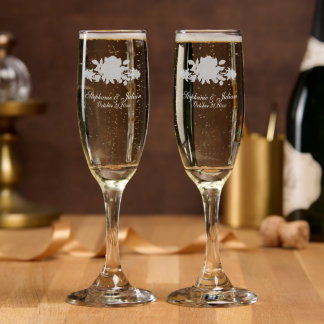 Gothic Red Rose Wedding Names and Date Champagne Flute