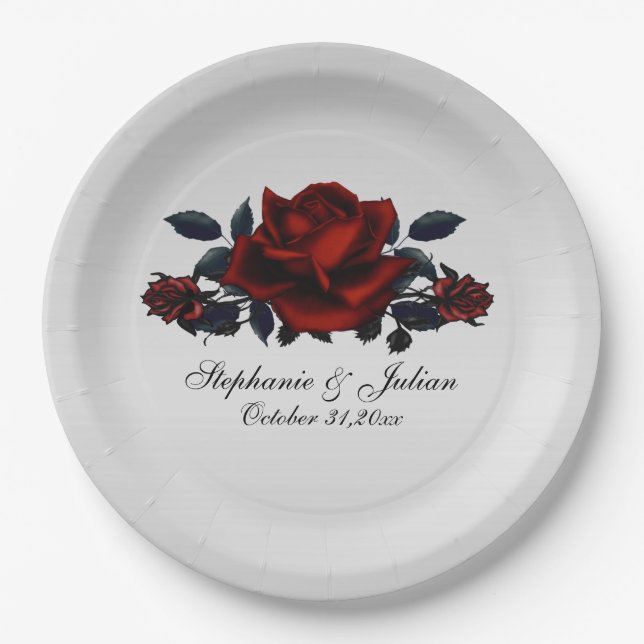 Gothic Red Rose Wedding Paper Plates (Front)