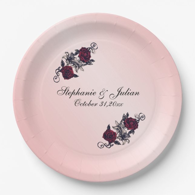 Gothic Red Rose Wedding Paper Plates (Front)