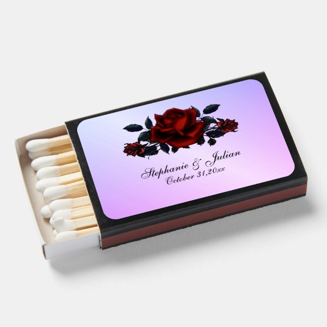 Gothic Red Rose Wedding Purple Matchboxes (Front Open)