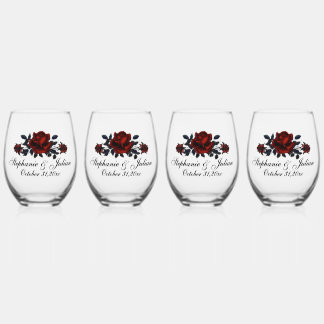 Gothic Red Rose Wedding Stemless Wine Glass