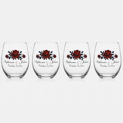 Gothic Red Rose Wedding Stemless Wine Glass