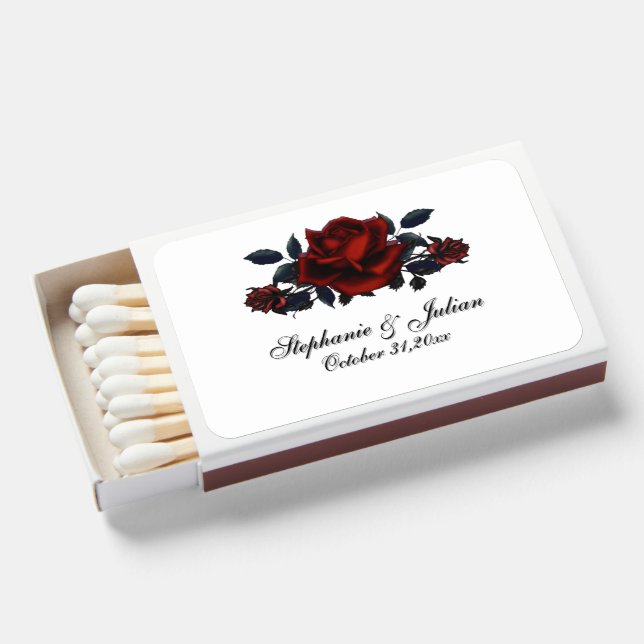 Gothic Red Rose White Wedding Matchboxes (Front Open)