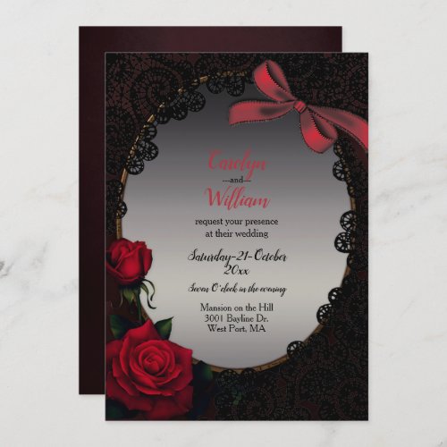 Gothic Red Roses and Black Lace Wedding Invitation