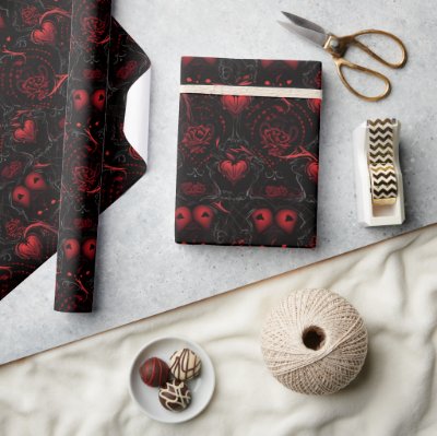 Gothic Red Roses and Red Hearts Wrapping Paper