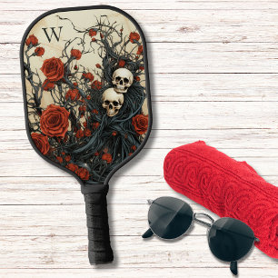 Gothic Red Roses and Skulls Monogram Pickleball Paddle