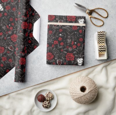 Gothic Red Roses and Skulls Wrapping Paper
