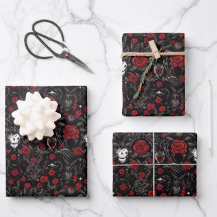 Gothic Red Roses and Skulls Wrapping Paper Sheets