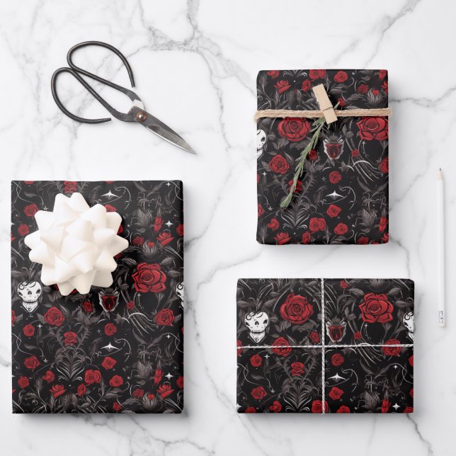 Gothic Red Roses and Skulls Wrapping Paper Sheets (Front)