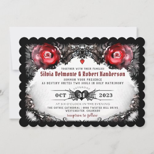 Gothic Red Roses and Spiders Halloween Wedding Invitation