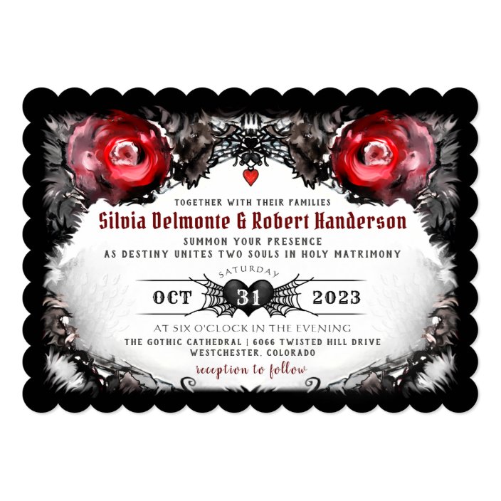Gothic Red Roses And Spiders Halloween Wedding Invitation Zazzle Com