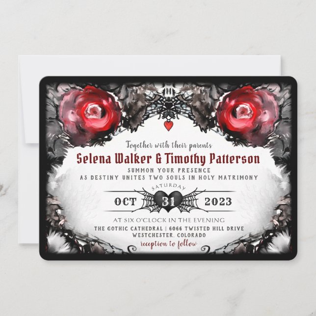 Gothic Red Roses and Spiders Halloween Wedding Invitation (Front)