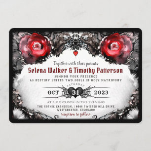 Gothic Red Roses and Spiders Halloween Wedding Invitation