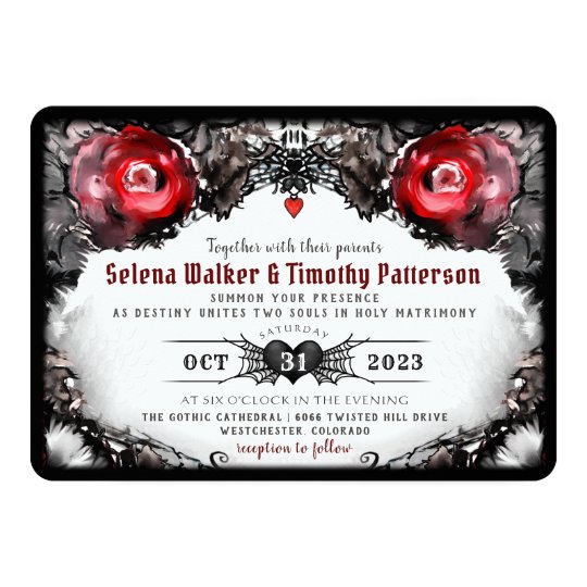 Gothic Red Roses And Spiders Halloween Wedding Invitation Zazzle Com