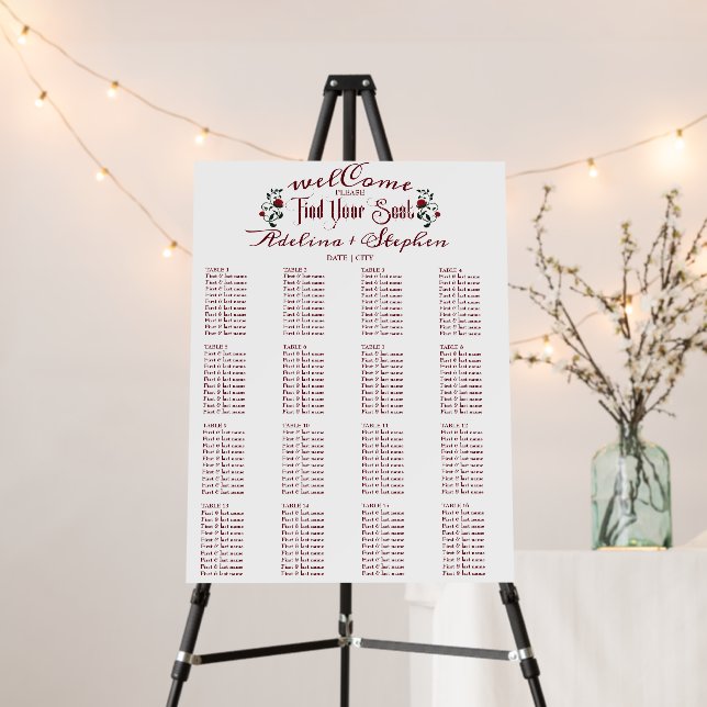 Gothic Red Roses Moody Wedding Find Your Seat Sign (In Situ (Stand))