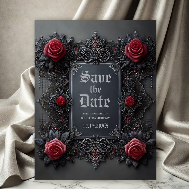 Gothic Red Roses on Gray Save the Date Announcement Postcard (Gothic Save the Date postcard with Red Roses on a dark gray background.)