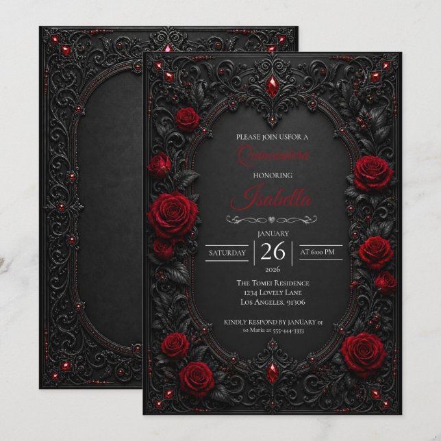 Gothic Red roses Quinceañera Invitation (Front/Back)