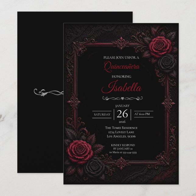 Gothic Red roses Quinceañera Invitation (Front/Back)