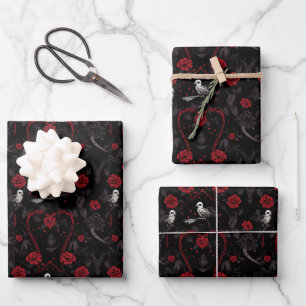 Gothic Red Roses Red Chain Heart and White Crow Wrapping Paper Sheets