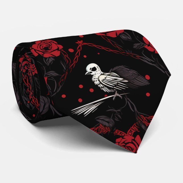 Gothic Red Roses Red Chain Hearts White Crow Neck Tie (Rolled)