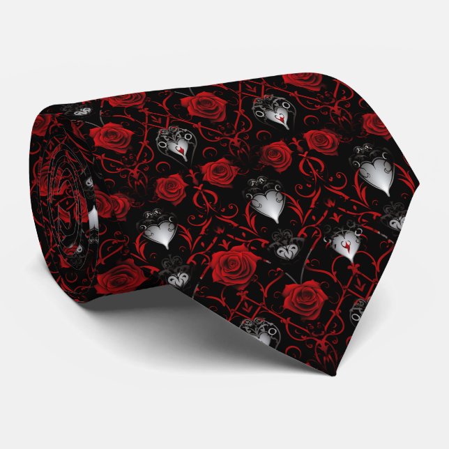 Gothic Red Roses Silver Hearts  Neck Tie (Rolled)