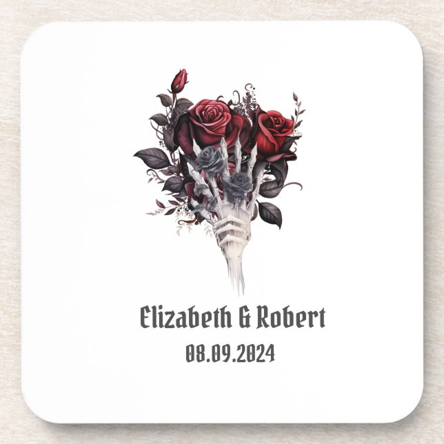 Gothic Red Roses Skeleton Wedding  Beverage Coaster (Front)