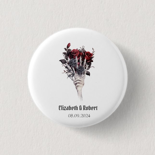 Gothic Red Roses Skeleton Wedding  Button (Front)