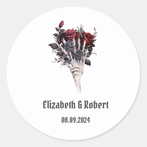 Gothic Red Roses Skeleton Wedding  Classic Round Sticker