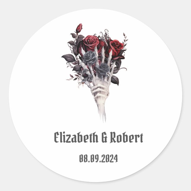 Gothic Red Roses Skeleton Wedding  Classic Round Sticker (Front)